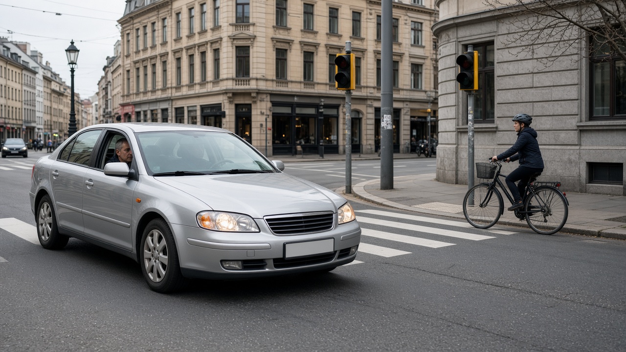 Abbiegen an Kreuzungen: Worauf musst du achten? 7 Auto biegt links an einer Kreuzung ab, der Fahrer achtet auf Gegenverkehr und einen Radfahrer