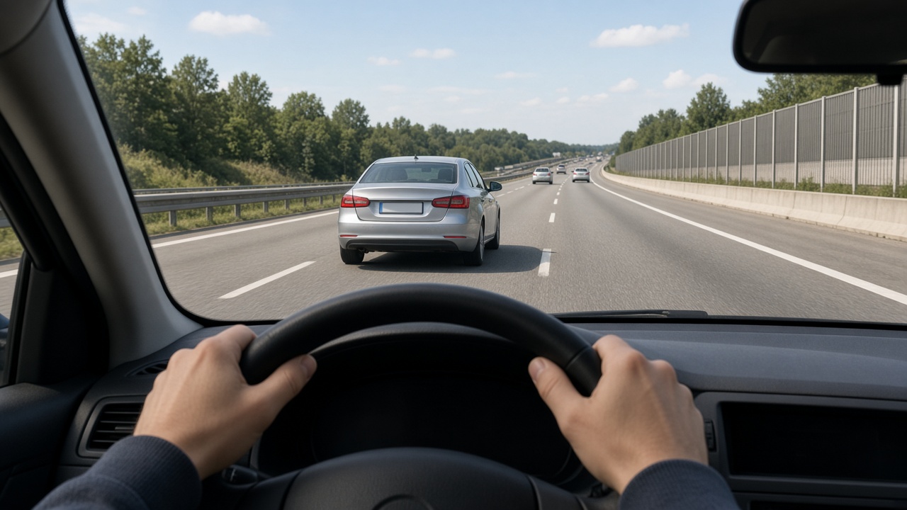 Abstandstempomat richtig benutzen 4 Blick durch die Frontscheibe auf ein vorausfahrendes Auto mit großem Abstand bei Tageslicht
