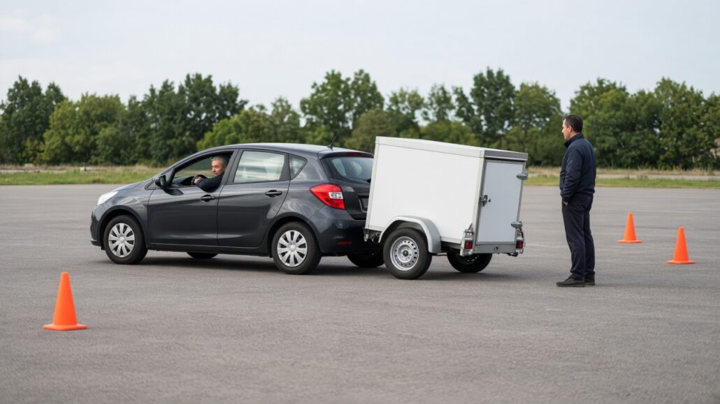 Mit Anhänger rückwärtsfahren: die Grundlagen 2 Auto mit Kastenanhänger rangiert rückwärts auf einem leeren Übungsplatz, eine Person beobachtet von der Seite
