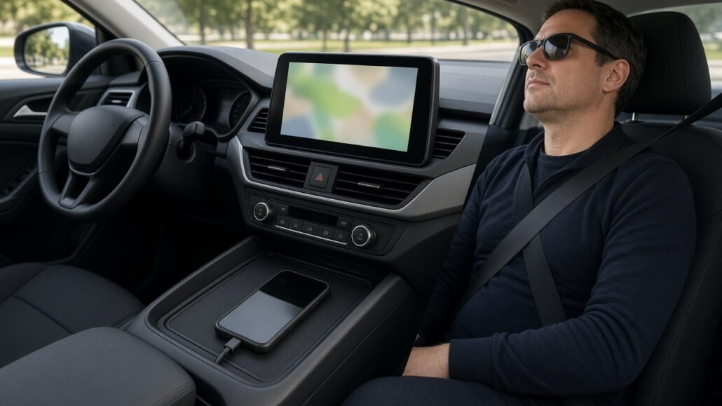 Apple CarPlay und Android Auto sicher einrichten 2 Geparktes Auto, Smartphone per Kabel mit dem Bildschirm verbunden, keine lesbaren Logos