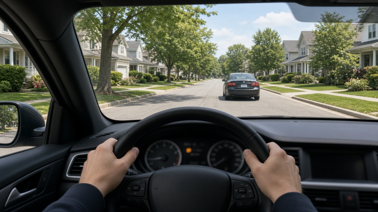 Assistenzsysteme im Auto: Was können sie – und was nicht? 7 Blick aus dem Fahrersitz auf die Straße, beide Hände am Lenkrad, Tageslicht