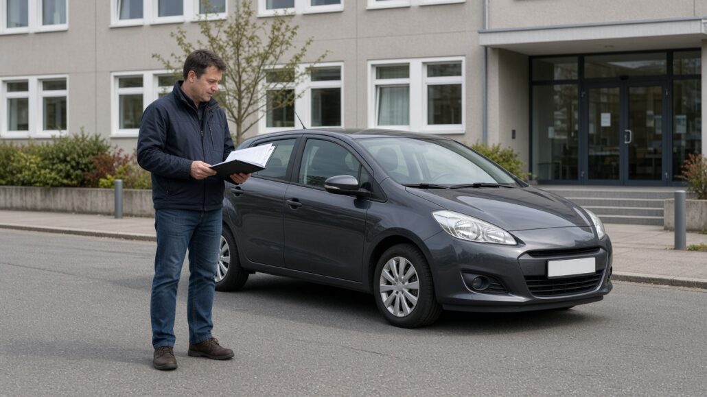 Auto anmelden: Welche Unterlagen brauche ich? 2 Person mit Dokumentenmappe steht neben einem Auto vor einem Amtsgebäude, Tageslicht