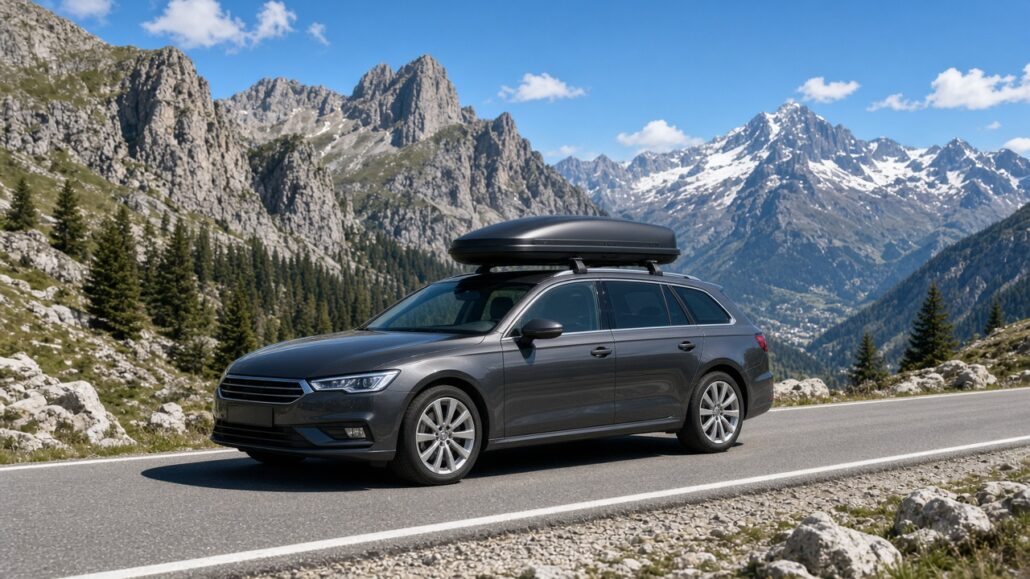 Mit dem Auto ins Ausland: die Checkliste vor der Reise 2 Reisebereit beladenes Auto auf einer Bergstraße bei Tageslicht