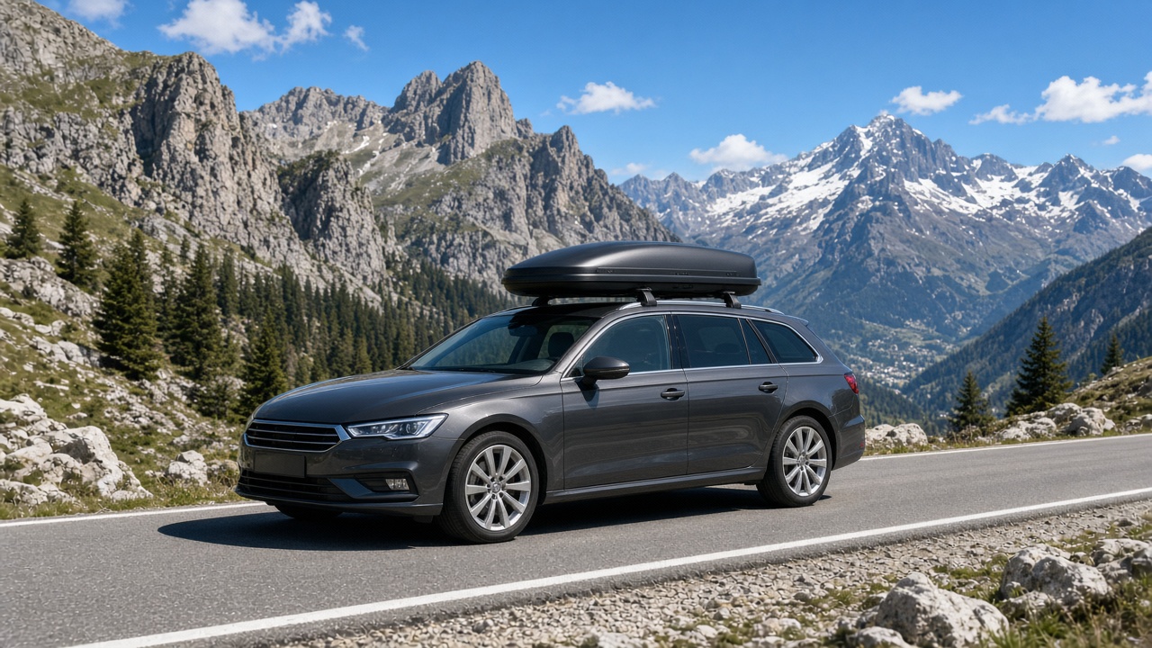 Mit dem Auto ins Ausland: die Checkliste vor der Reise 5 Reisebereit beladenes Auto auf einer Bergstraße bei Tageslicht