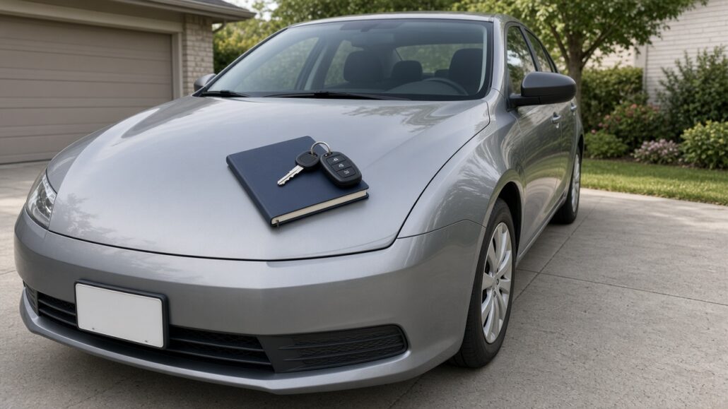 Was kostet ein Auto im Monat wirklich? 2 Kompaktwagen in der Einfahrt, Schlüssel und geschlossenes Notizbuch auf der Motorhaube