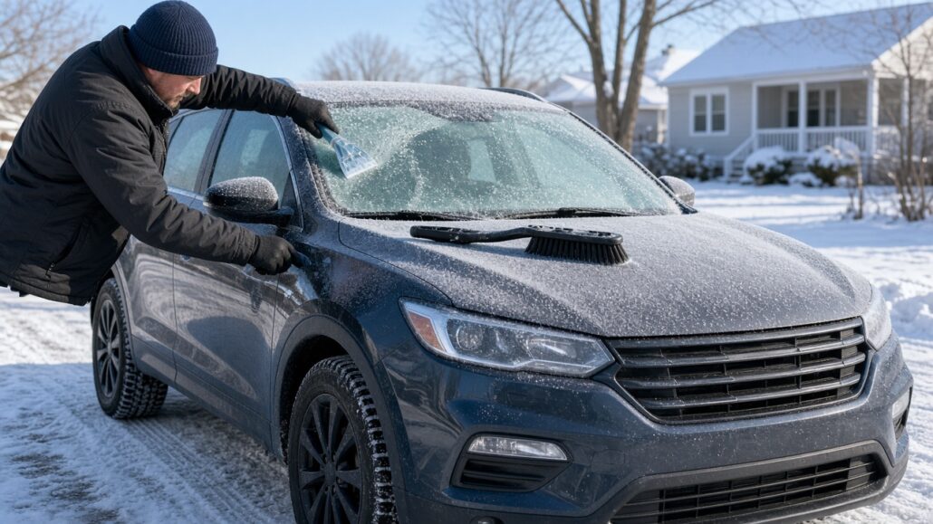 Auto winterfest machen: Die komplette Checkliste 2 Person befreit die Frontscheibe von Frost, Schneebesen liegt bereit
