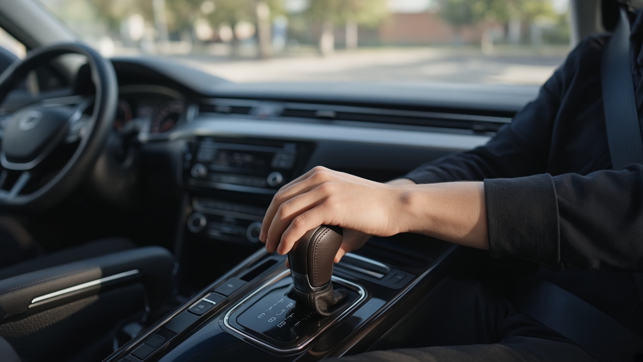 Automatik fahren: Was bedeuten P, R, N und D? 6 Fahrerhand am Automatik-Wählhebel im geparkten Auto bei Tageslicht