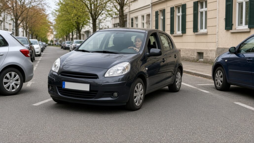 Automatischer Parkassistent: So funktioniert er 2 Kompaktwagen steht schräg in einer Längsparklücke zwischen zwei Autos, Tageslicht