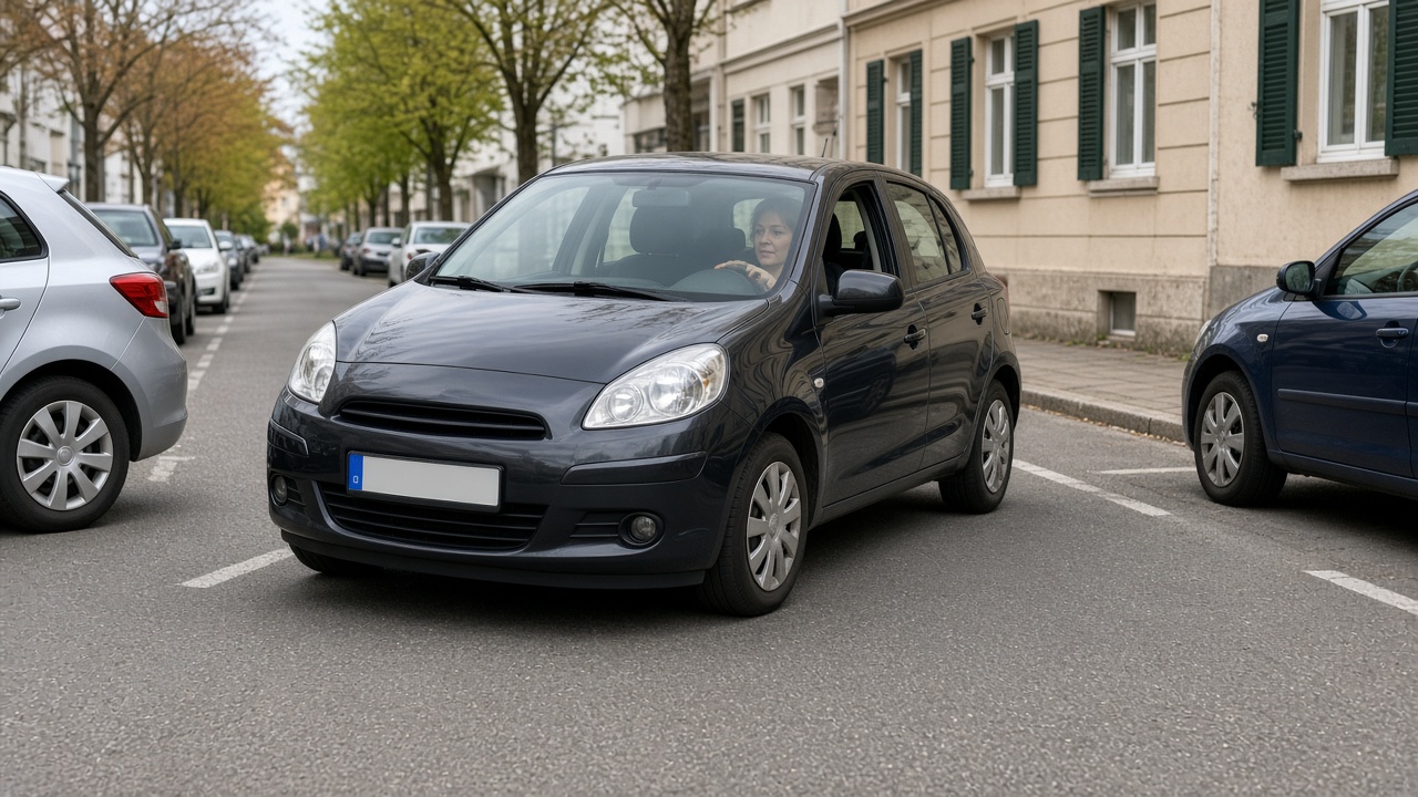 Automatischer Parkassistent: So funktioniert er 6 Kompaktwagen steht schräg in einer Längsparklücke zwischen zwei Autos, Tageslicht