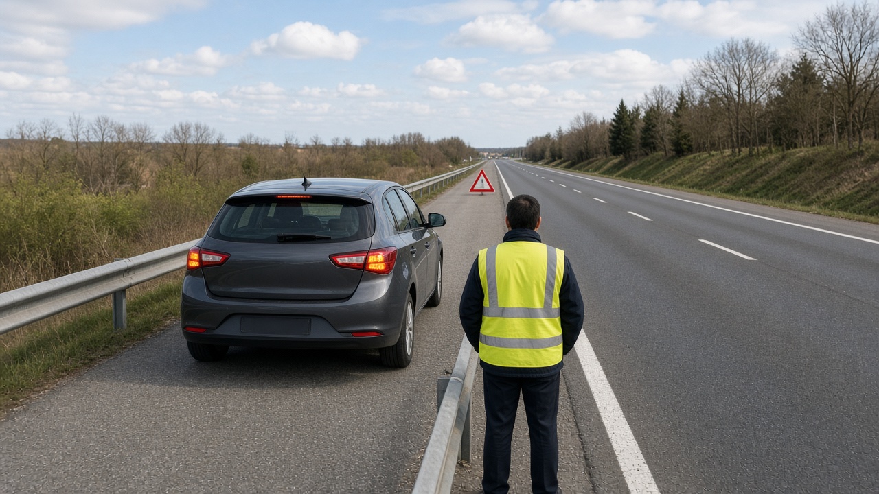 Autopanne: Was muss ich jetzt tun? 7 Liegen gebliebenes Auto auf dem Standstreifen mit Warndreieck und Warnweste