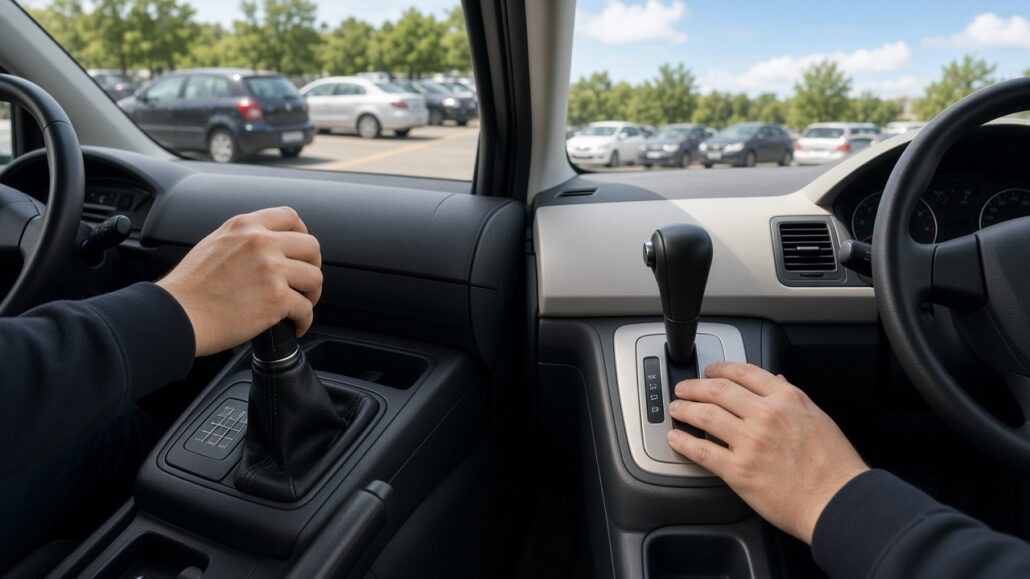 B197 oder klassischer Schaltführerschein: Was passt zu mir? 2 Schaltknüppel und Automatikwahlhebel in zwei Autos nebeneinander