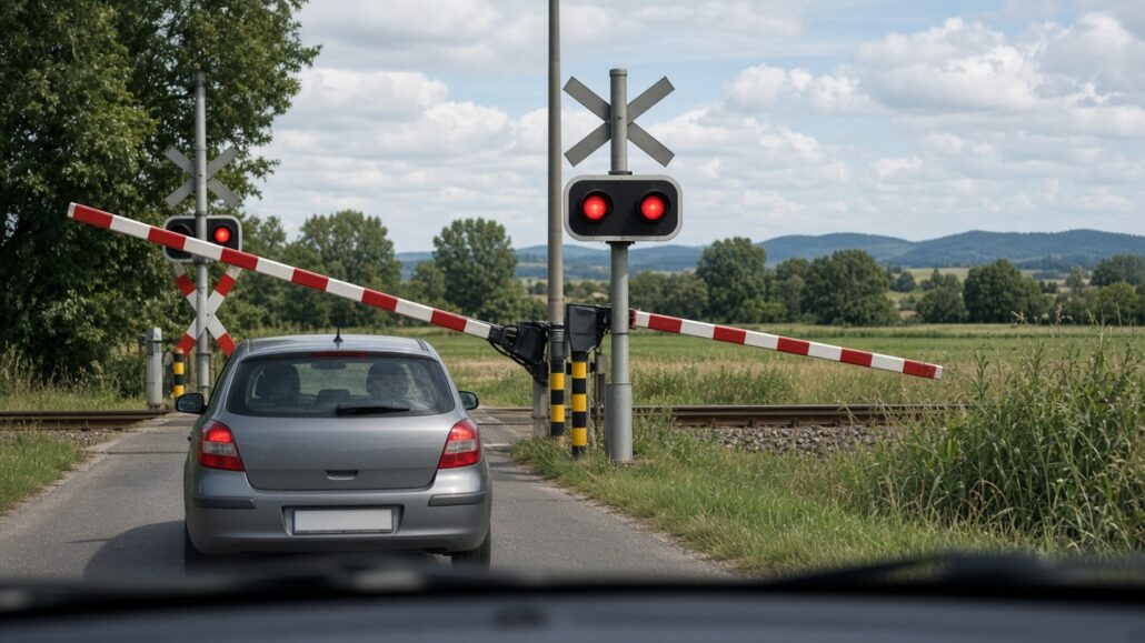 Bahnübergänge sicher überqueren 2 Auto wartet an einem Bahnübergang, die Schranke senkt sich, die Warnleuchten leuchten