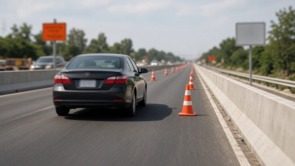 Durch Baustellen fahren: engere Spuren sicher meistern 2 Auto fährt bei Tageslicht durch eine verengte Baustelle mit Leitbaken