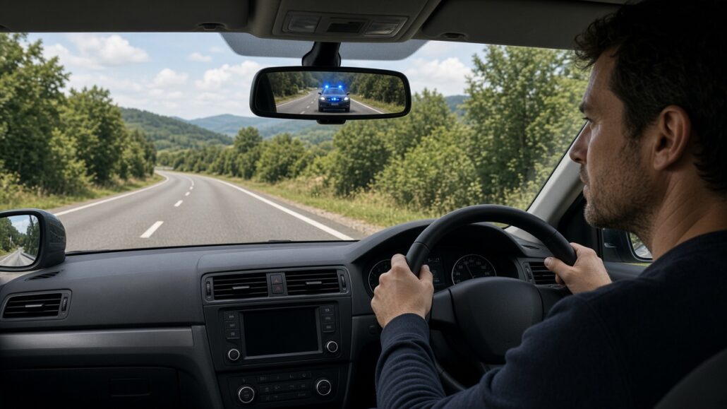 Blaulicht und Martinshorn: Wie reagiere ich richtig? 2 Auto steht am rechten Fahrbahnrand, im Spiegel sind Blaulichter eines Einsatzfahrzeugs zu sehen