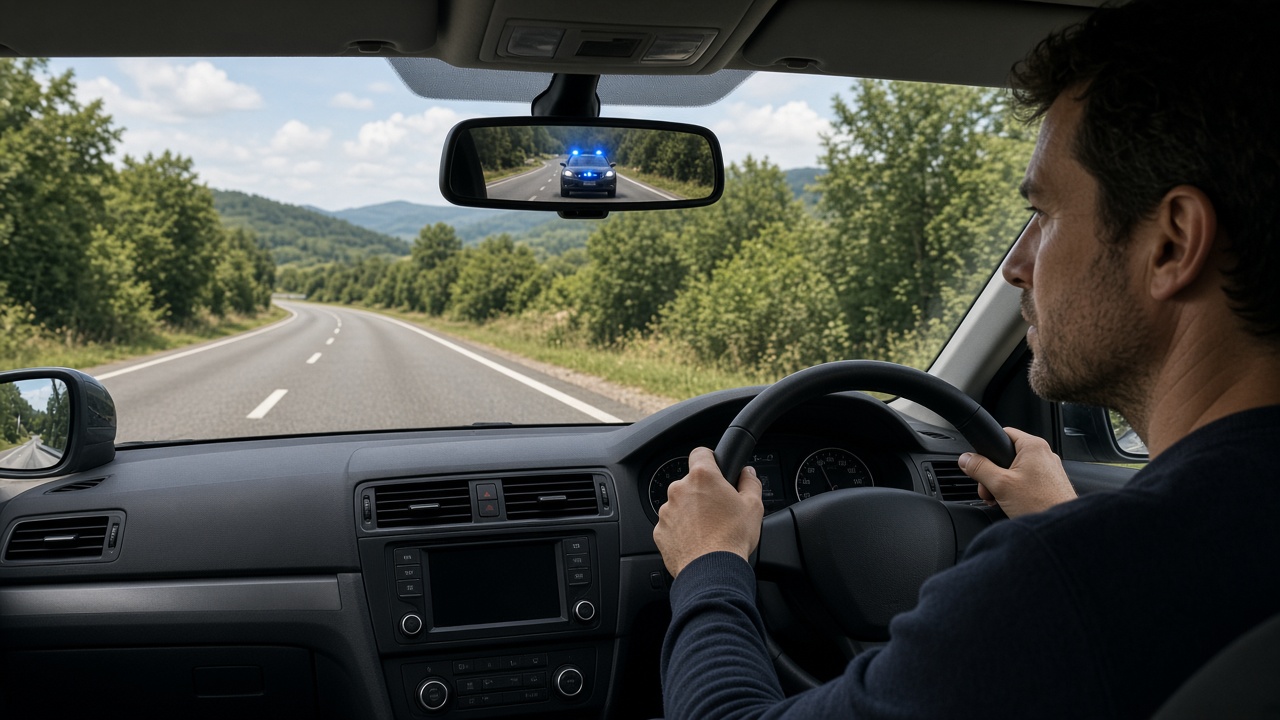 Blaulicht und Martinshorn: Wie reagiere ich richtig? 4 Auto steht am rechten Fahrbahnrand, im Spiegel sind Blaulichter eines Einsatzfahrzeugs zu sehen