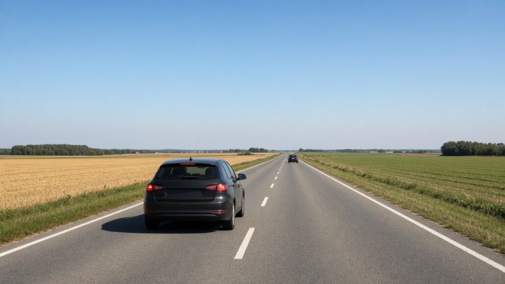 Bremsweg und Anhalteweg: Was ist der Unterschied? 2 Auto bremst auf trockener Straße, die Bremslichter leuchten, dahinter hält ein zweites Auto Abstand