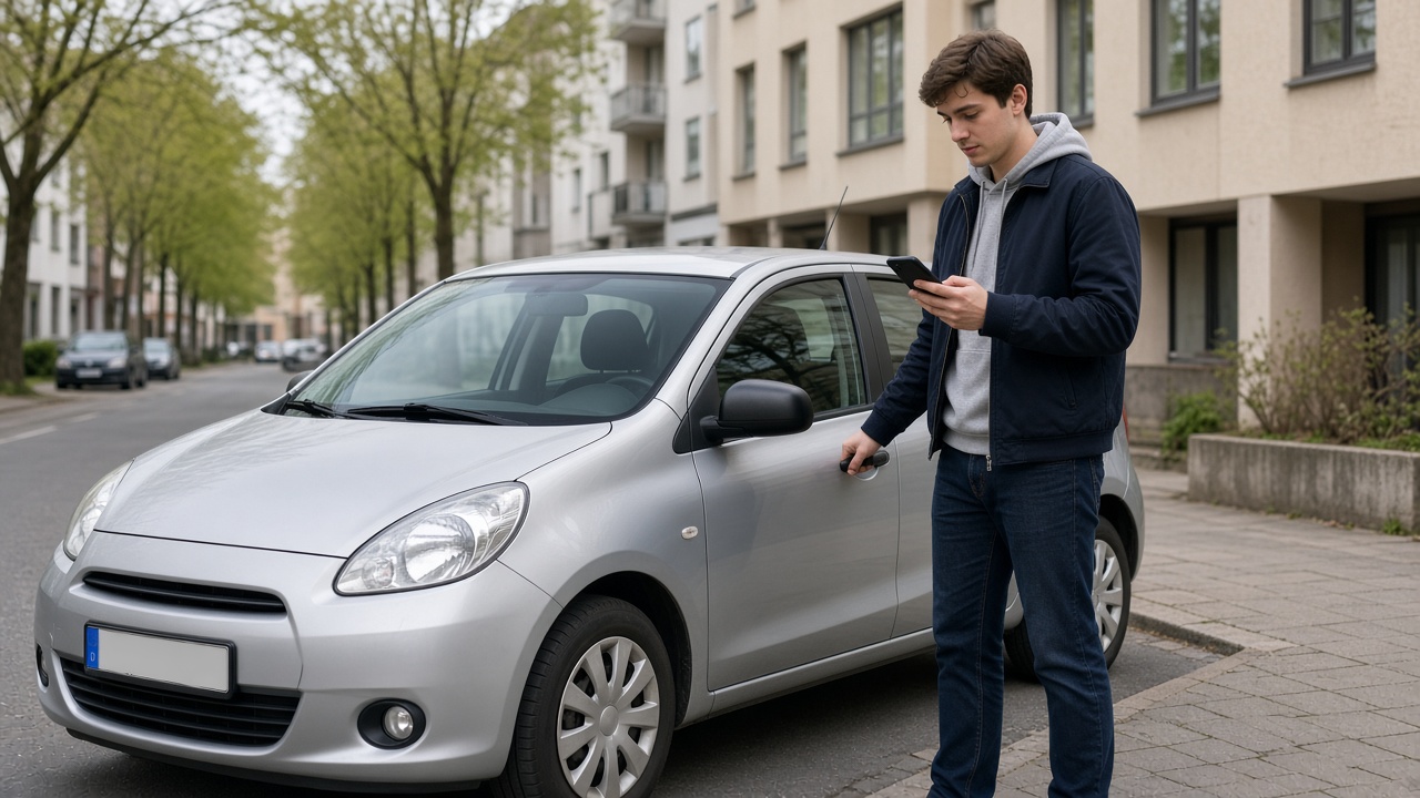 Carsharing zum ersten Mal: von der Buchung bis zur Rückgabe 8 Person steht bei Tageslicht neben einem geparkten Stadtauto und hält das Smartphone in der Hand