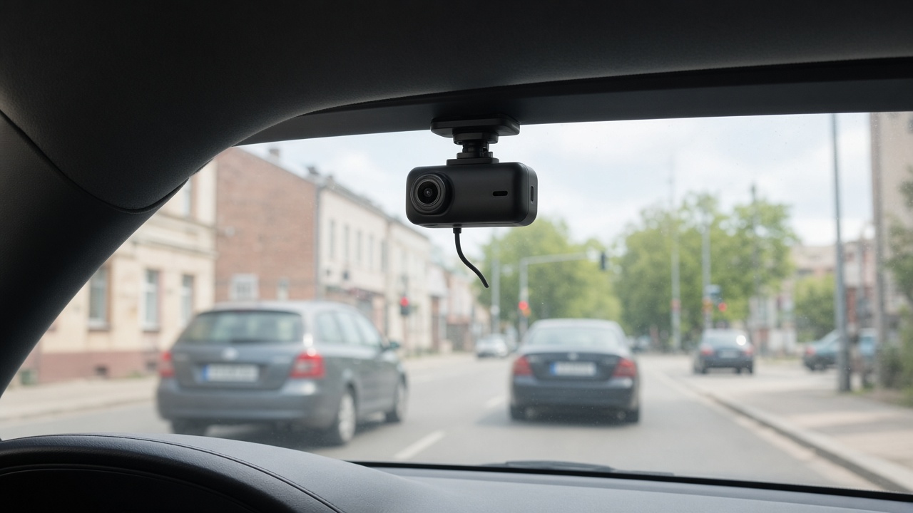 Dashcam im Auto: Was sollte man vor dem Kauf wissen? 8 Kleine Dashcam hinter der Frontscheibe mit Blick auf die Straße bei Tageslicht