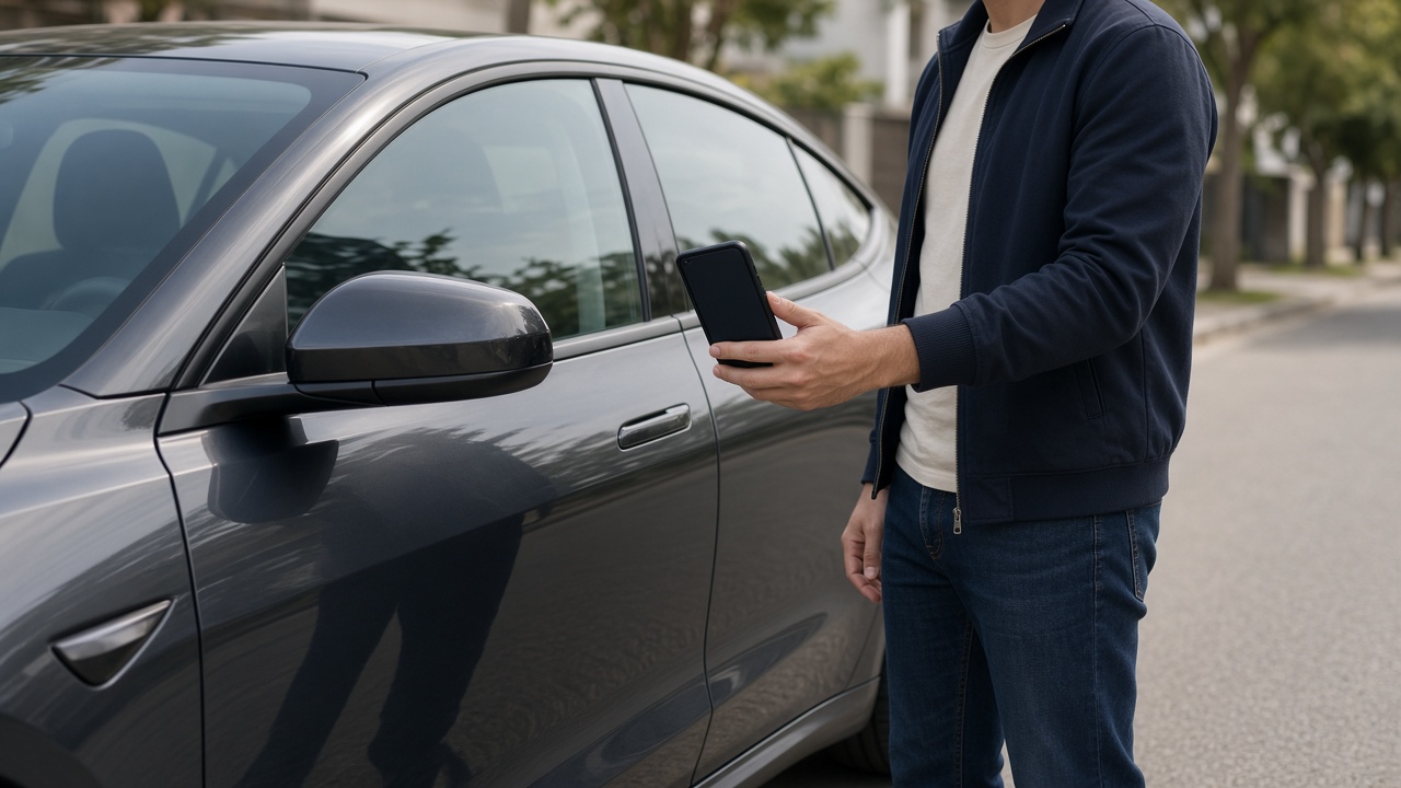 Digitaler Autoschlüssel: das Smartphone als Schlüssel 7 Person hält das Smartphone an den Türgriff eines geparkten Autos, Tageslicht