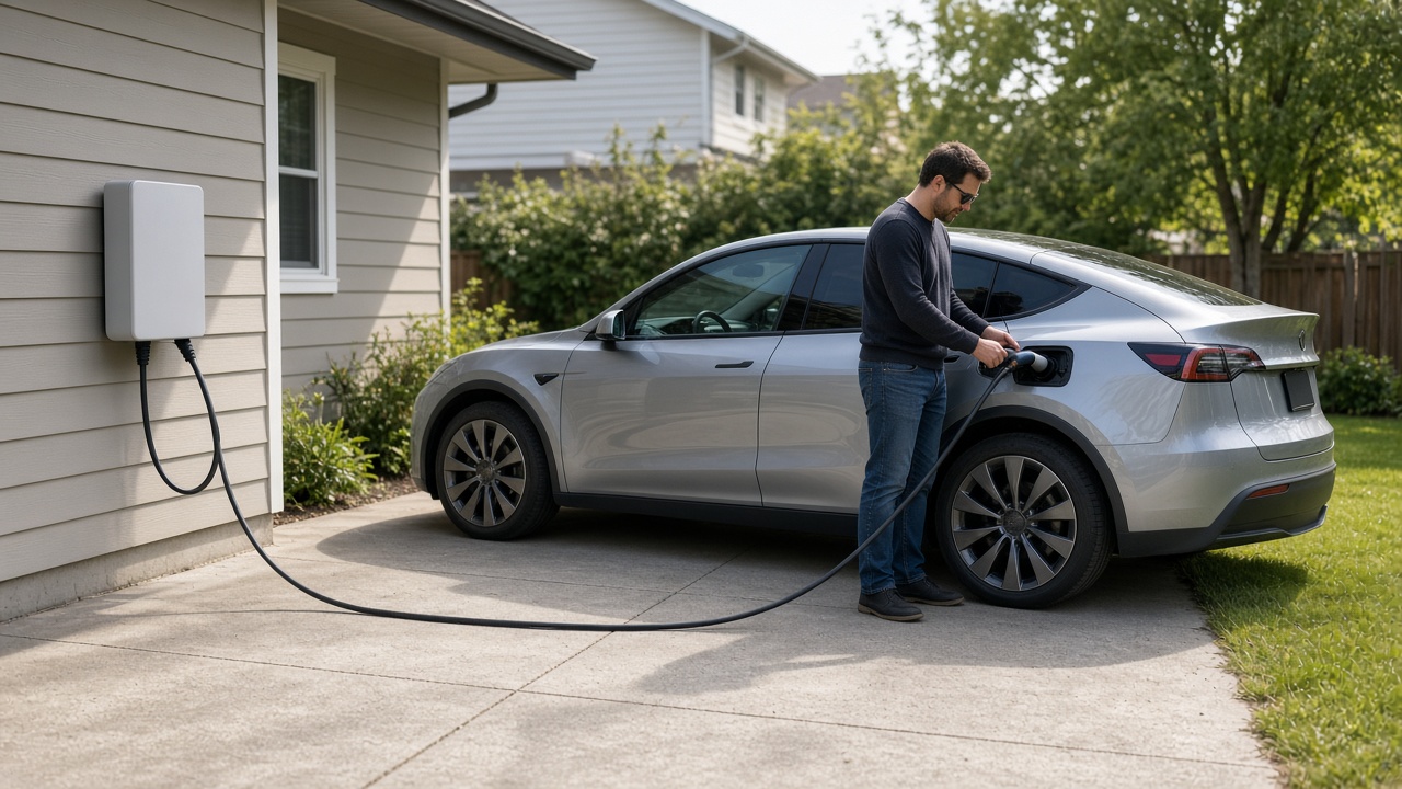 E-Auto zu Hause, öffentlich oder schnell laden? 4 Elektroauto lädt an einer Wallbox in der Einfahrt