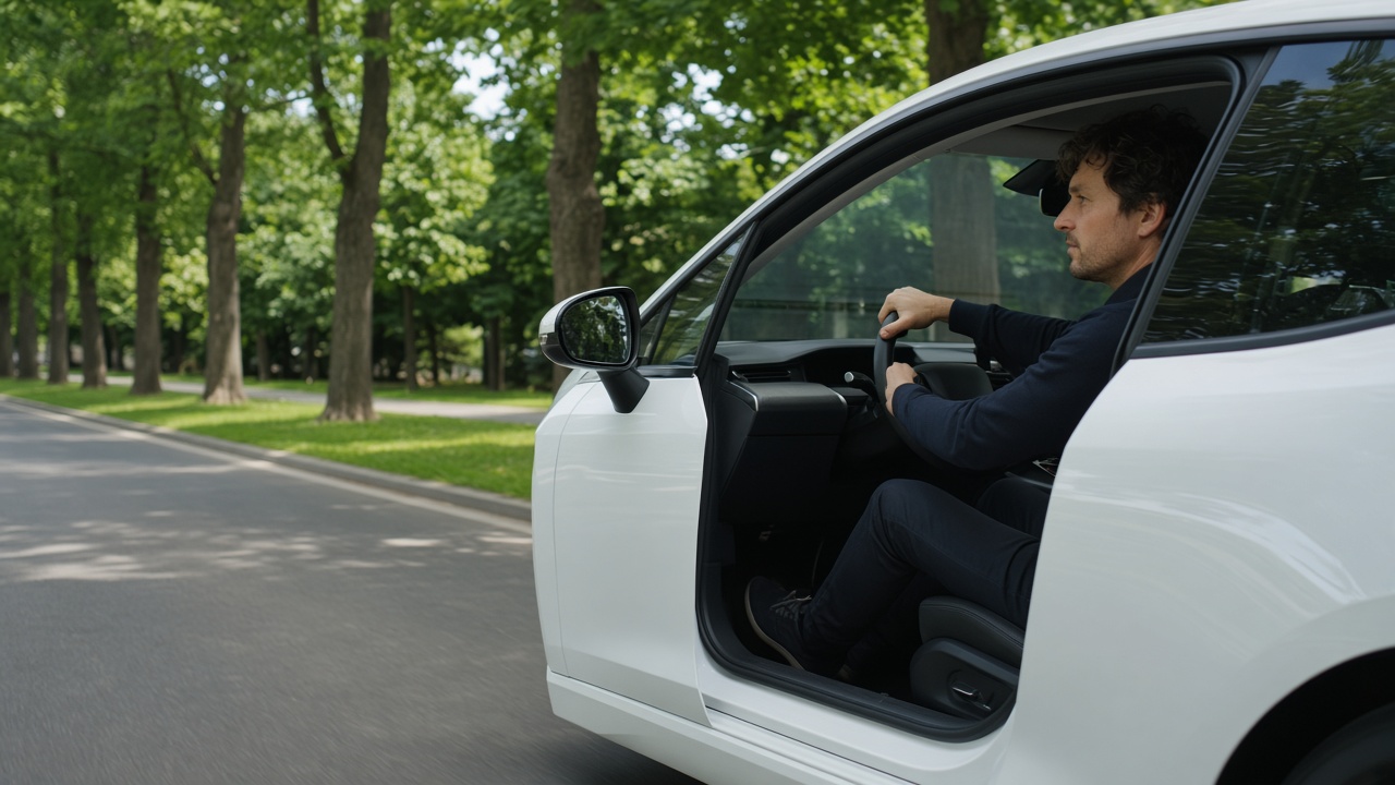 Elektroauto fahren: Was ist anders als beim Verbrenner? 7 Person fährt ein Elektroauto auf einer baumgesäumten Straße