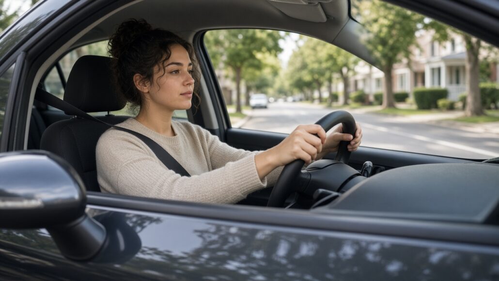 Fahrangst nach dem Führerschein: sicherer und selbstbewusster werden 2 Junge Fahrerin sitzt angeschnallt im geparkten Auto, beide Hände am Lenkrad, Tageslicht