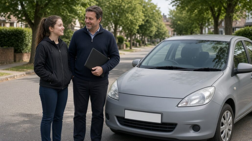 Fahrprüfung nicht bestanden: Wie geht es weiter? 12 Fahrschülerin und Fahrlehrer sprechen nach der Fahrt neben dem Auto