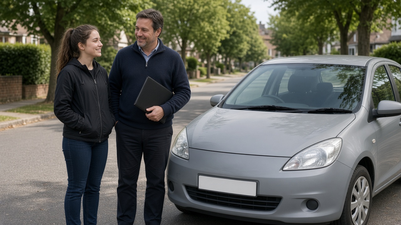 Fahrprüfung nicht bestanden: Wie geht es weiter? 8 Fahrschülerin und Fahrlehrer sprechen nach der Fahrt neben dem Auto