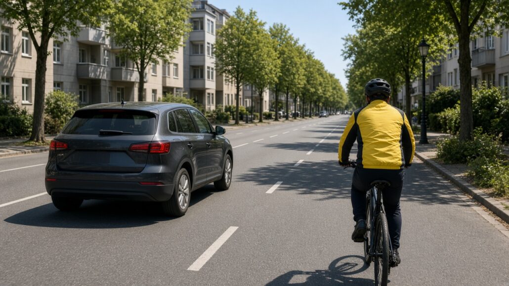 Fahrradfahrer sicher überholen: Abstand und Übersicht 2 Auto überholt einen Fahrradfahrer auf einer Stadtstraße mit deutlich seitlichem Abstand