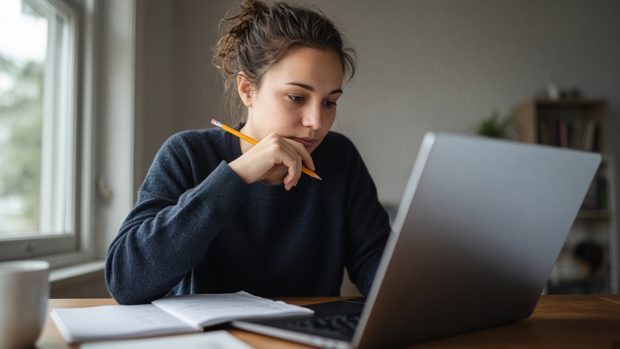 Typische Fehler in der Theorieprüfung vermeiden 7 Junge Frau überprüft Übungsfragen am Laptop