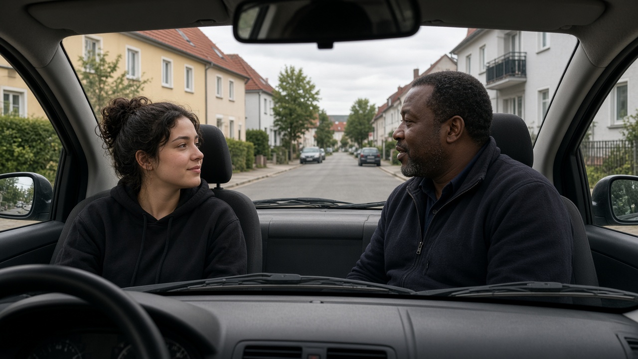 Führerschein auf einer anderen Sprache: Welche Möglichkeiten gibt es? 6 Fahrschülerin und Fahrlehrer sprechen während der Fahrstunde miteinander