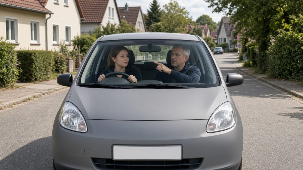 Führerschein machen: So läuft die Ausbildung ab 2 Fahrschülerin am Steuer, Fahrlehrer zeigt auf die Straße