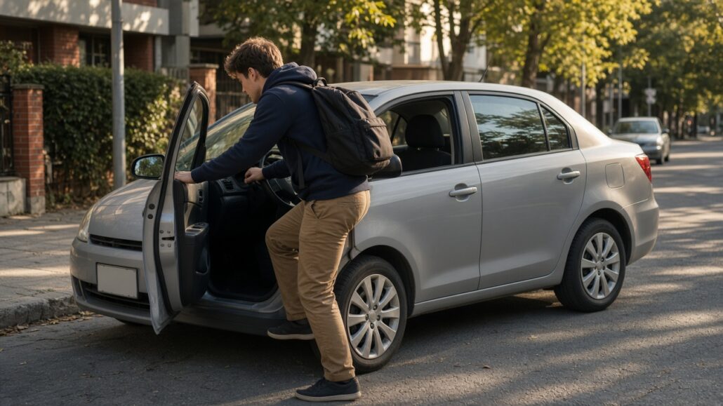 Führerschein und wenig Zeit: Ausbildung neben Beruf oder Schule 8 Fahrschüler mit Rucksack steigt nach Schule oder Arbeit ins Auto