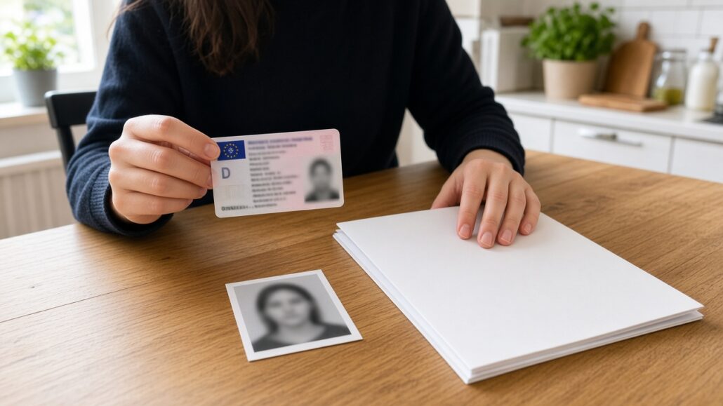 Führerscheinantrag stellen: Unterlagen und Ablauf 2 Unterlagen und Passfoto für den Führerscheinantrag auf dem Tisch