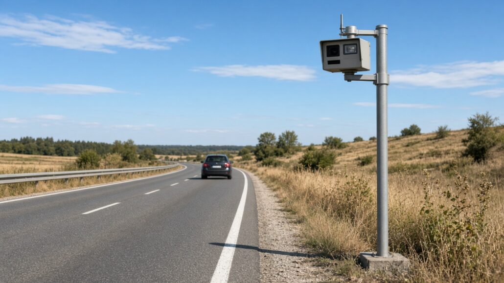 Geblitzt worden: Was passiert jetzt? 2 Messgerät am Straßenrand bei Tageslicht, ein Auto fährt in der Ferne vorbei