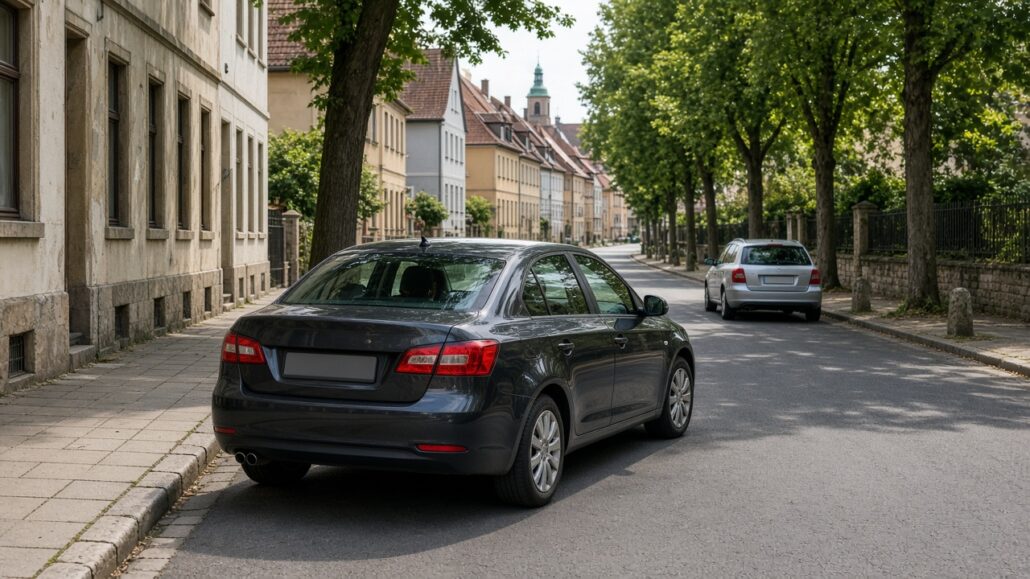 Halten oder Parken: Was ist erlaubt? 2 Straße mit einem kurz haltenden Auto am Bordstein und einem geparkten Auto weiter vorn