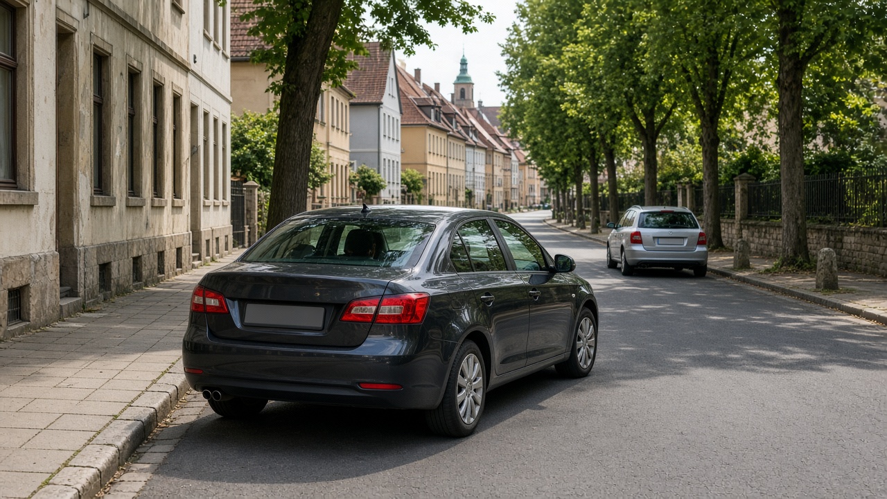 Halten oder Parken: Was ist erlaubt? 8 Straße mit einem kurz haltenden Auto am Bordstein und einem geparkten Auto weiter vorn