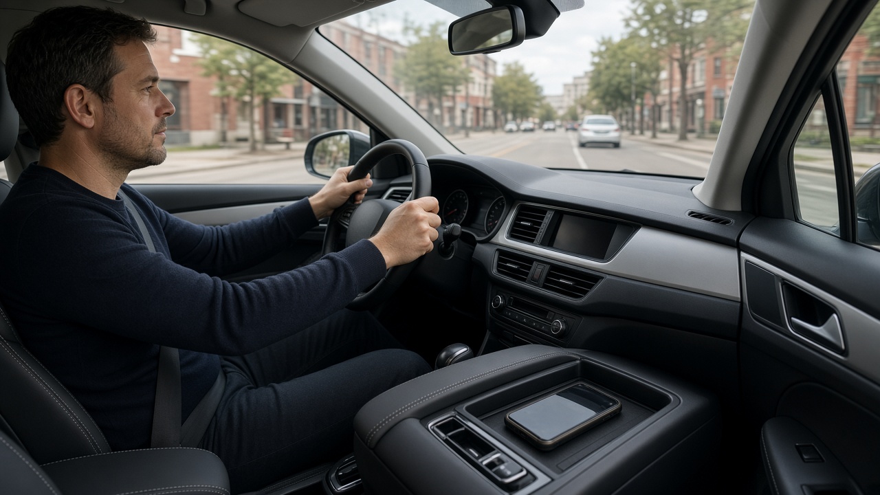 Handy am Steuer: Was lenkt dich wirklich ab? 5 Fahrer schaut auf die Straße, beide Hände am Lenkrad, Smartphone liegt unbenutzt in der Mittelkonsole