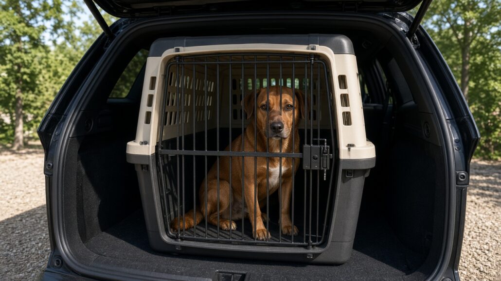 Hund im Auto transportieren: sicher unterwegs mit Haustieren 2 Hund sitzt gesichert in einer Transportbox im Kofferraum