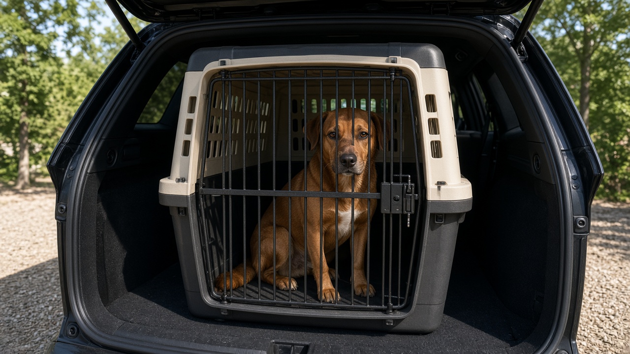 Hund im Auto transportieren: sicher unterwegs mit Haustieren 5 Hund sitzt gesichert in einer Transportbox im Kofferraum