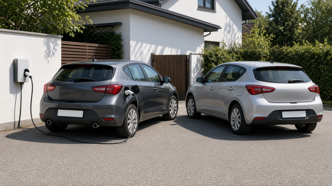 Hybrid oder Plug-in-Hybrid: Was ist der Unterschied? 7 Zwei moderne Autos nebeneinander, eines mit Ladekabel an der Wallbox, Tageslicht