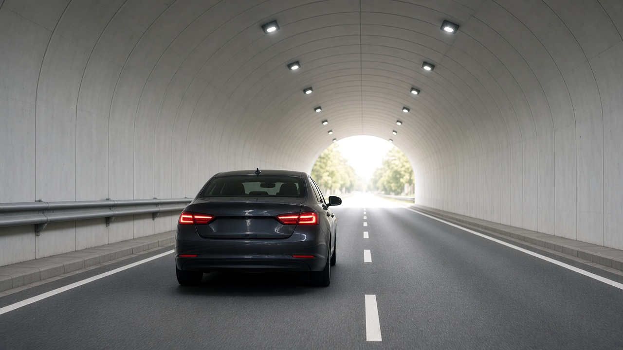 Im Tunnel fahren: Was tun bei Stau, Panne oder Rauch? 7 Auto fährt durch einen beleuchteten Straßentunnel, am Ende ist Tageslicht zu sehen