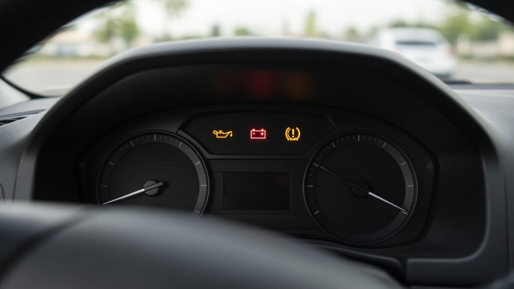 Kontrollleuchten im Auto: Was bedeutet welches Symbol? 2 Armaturenbrett mit leuchtenden Kontrollleuchten bei Tageslicht