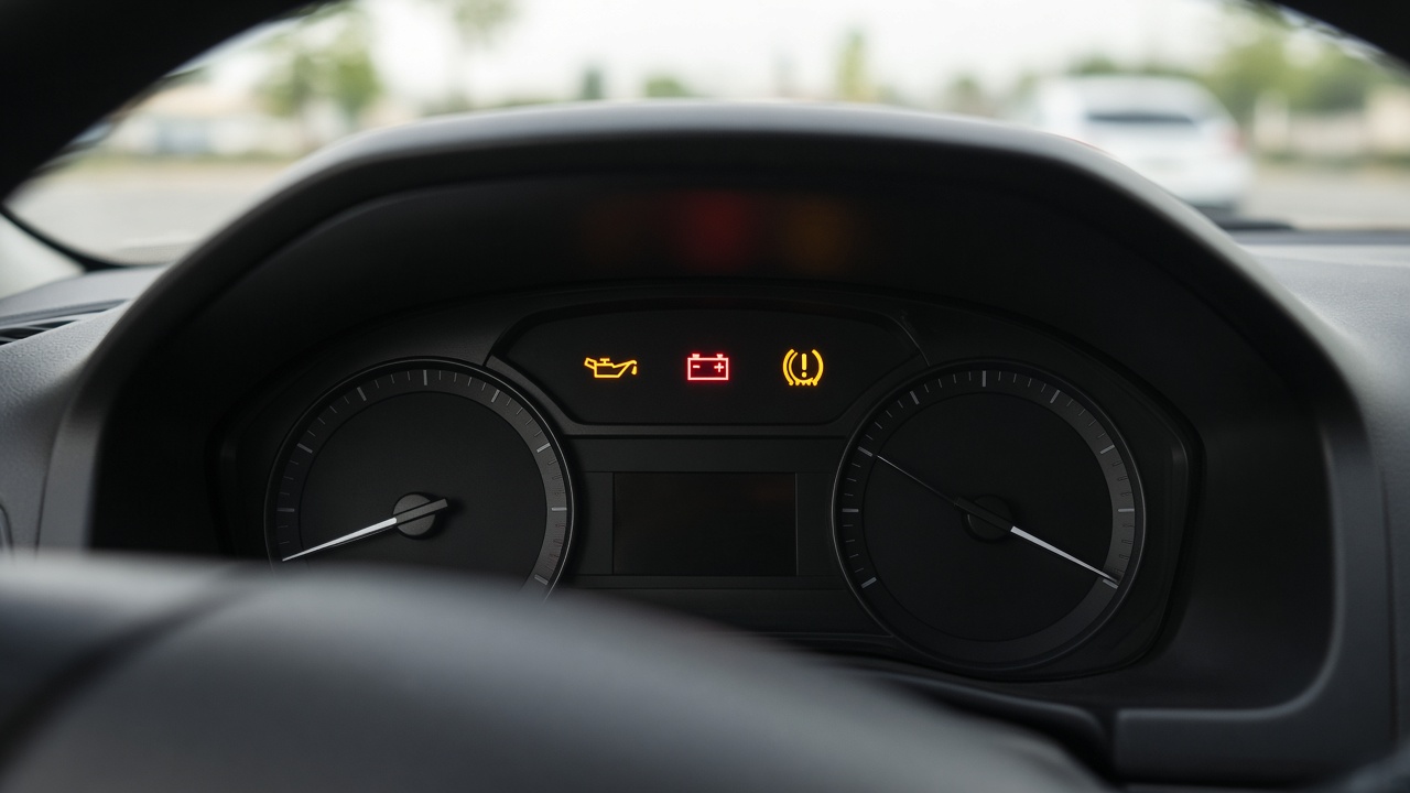 Kontrollleuchten im Auto: Was bedeutet welches Symbol? 6 Armaturenbrett mit leuchtenden Kontrollleuchten bei Tageslicht
