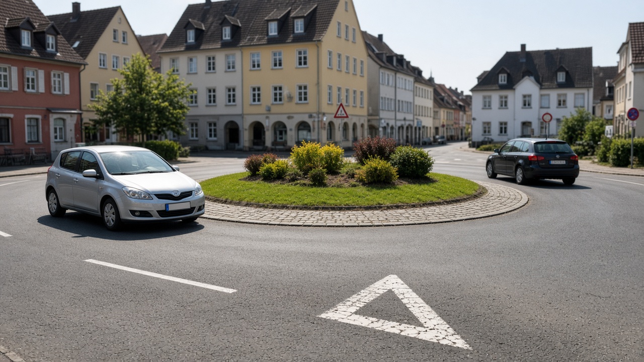 Kreisverkehr richtig fahren: Einfahren, Blinken und Ausfahren 8 Silbernes Auto fährt bei Tageslicht in einen Kreisverkehr ein, während ein anderes Fahrzeug bereits im Kreis fährt