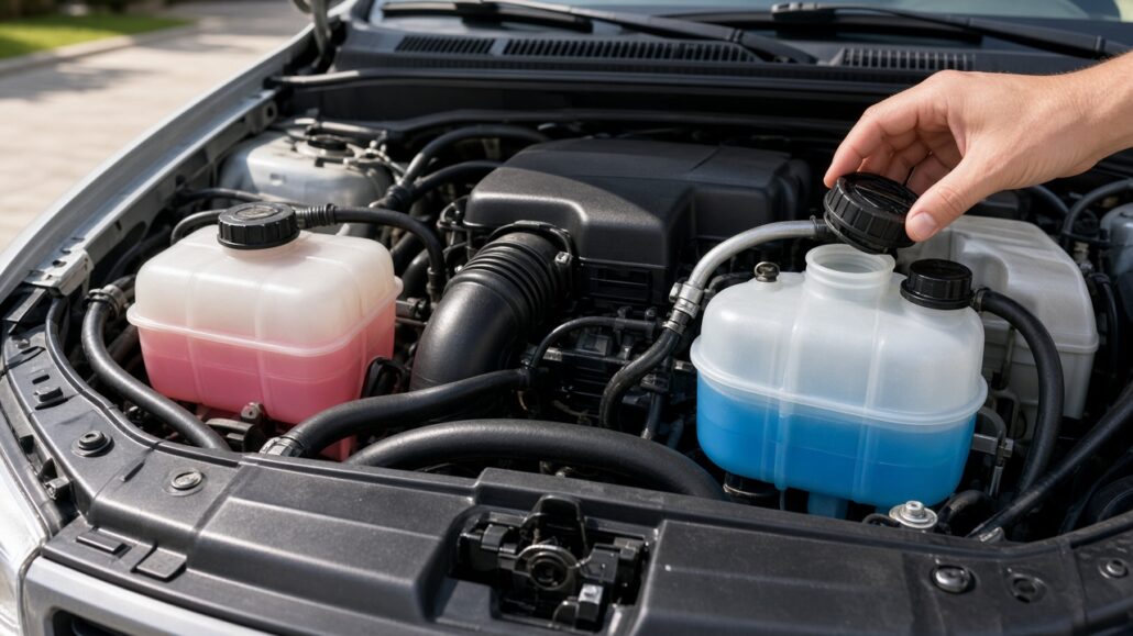 Kühlmittel und Scheibenwischwasser kontrollieren 2 Kühlmittelbehälter und Scheibenwaschwasser im Motorraum