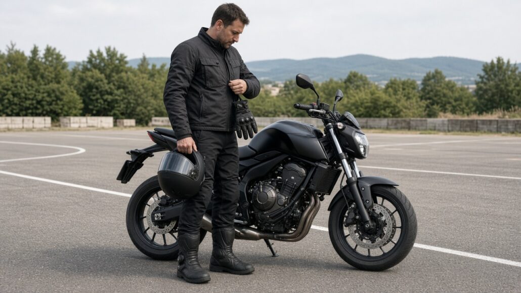 Motorrad-Schutzkleidung: Was brauche ich für die Ausbildung? 2 Fahrschüler steht neben einem Motorrad und zieht Schutzkleidung an, Helm, Jacke, Handschuhe und Stiefel sind zu sehen