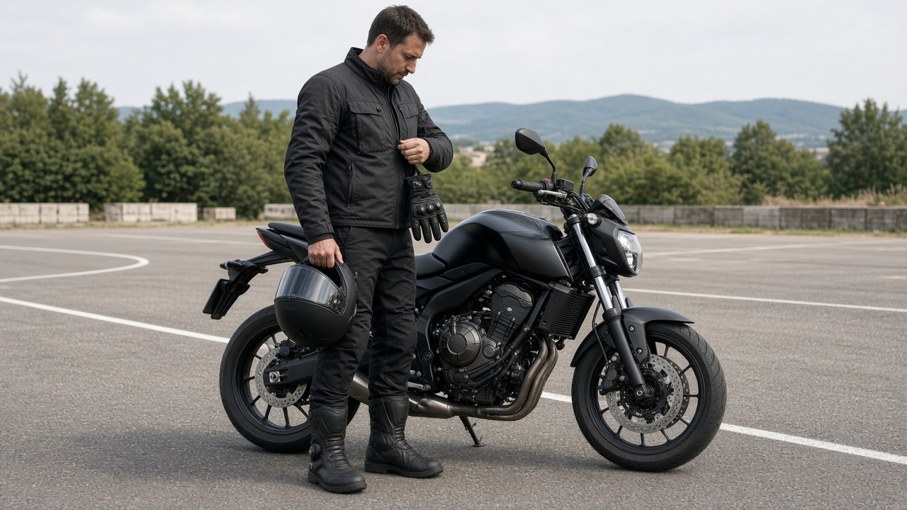 Motorrad-Schutzkleidung: Was brauche ich für die Ausbildung? 4 Fahrschüler steht neben einem Motorrad und zieht Schutzkleidung an, Helm, Jacke, Handschuhe und Stiefel sind zu sehen