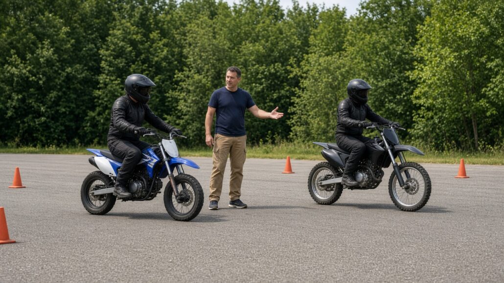 Motorradführerschein: Welche Klasse passt zu mir? 2 Zwei Fahrschüler in Schutzkleidung sitzen auf unterschiedlich großen Übungsmotorrädern, ein Fahrlehrer steht daneben