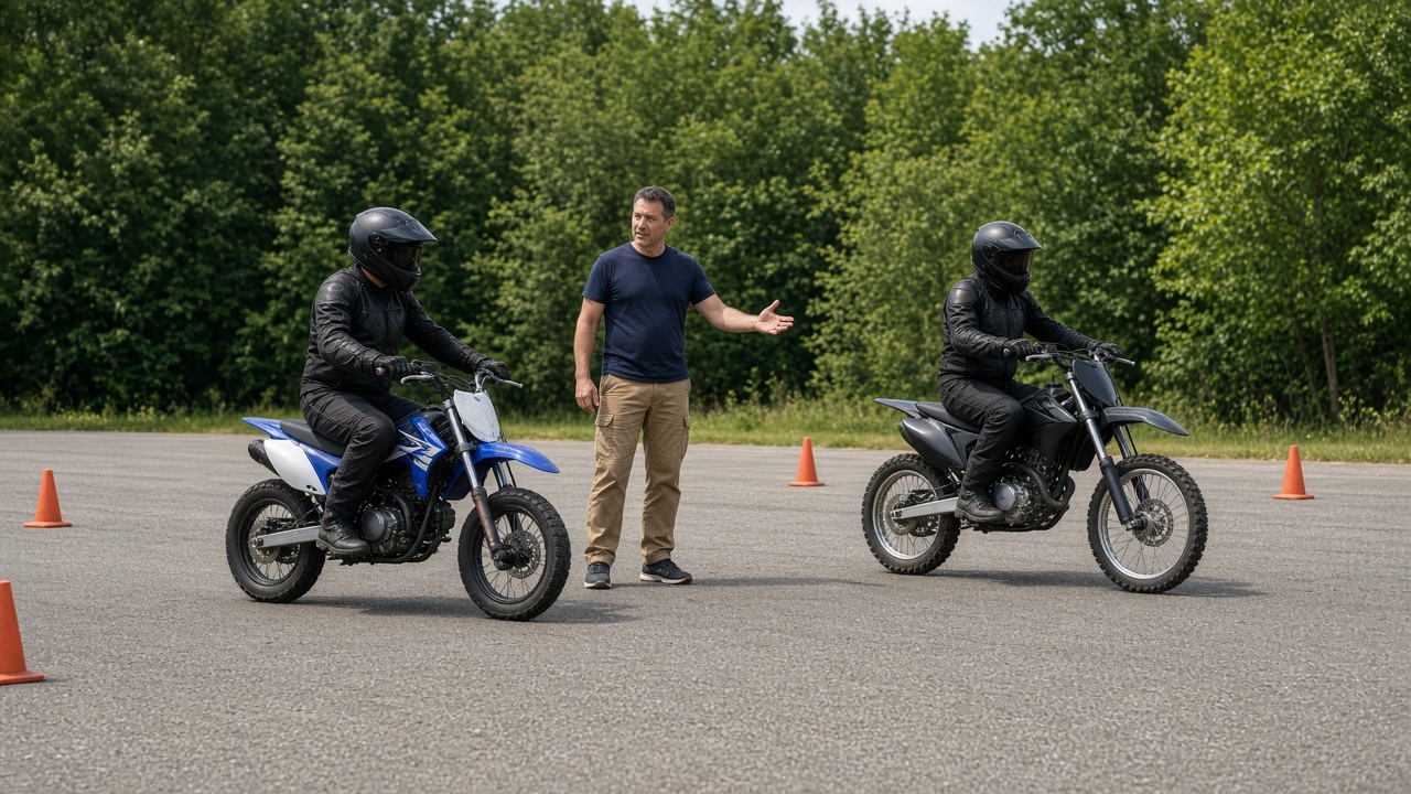 Motorradführerschein: Welche Klasse passt zu mir? 6 Zwei Fahrschüler in Schutzkleidung sitzen auf unterschiedlich großen Übungsmotorrädern, ein Fahrlehrer steht daneben